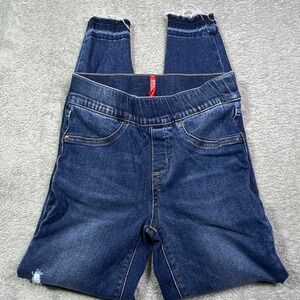 SPANX‎ Petite Pull On Blue Women's Jeggings XS Dark Wash Distressed Frayed Hem
